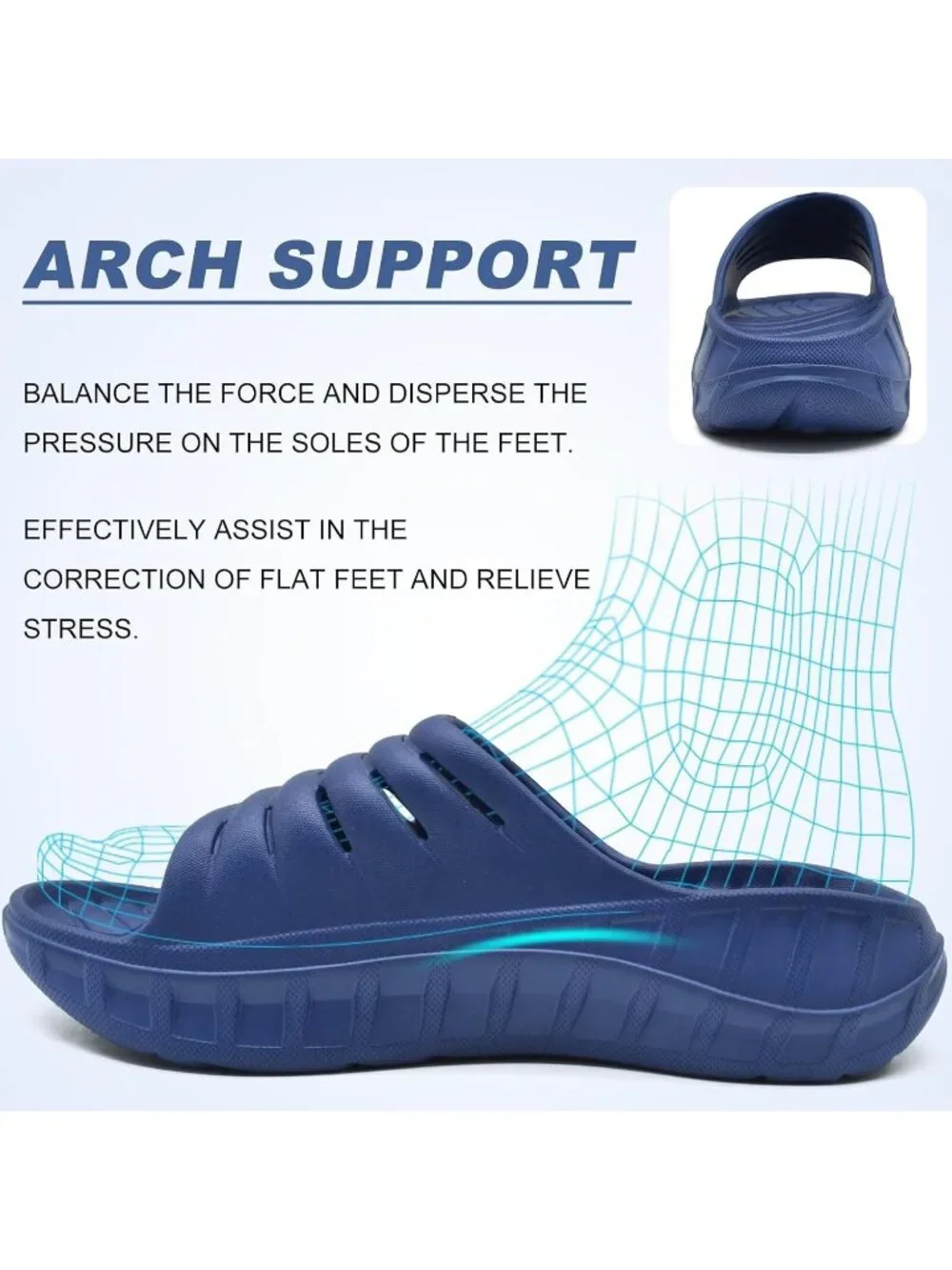 Men's Blue Sandals Orthotic Arch Support Open Toe Sport Slides Thick Cushion